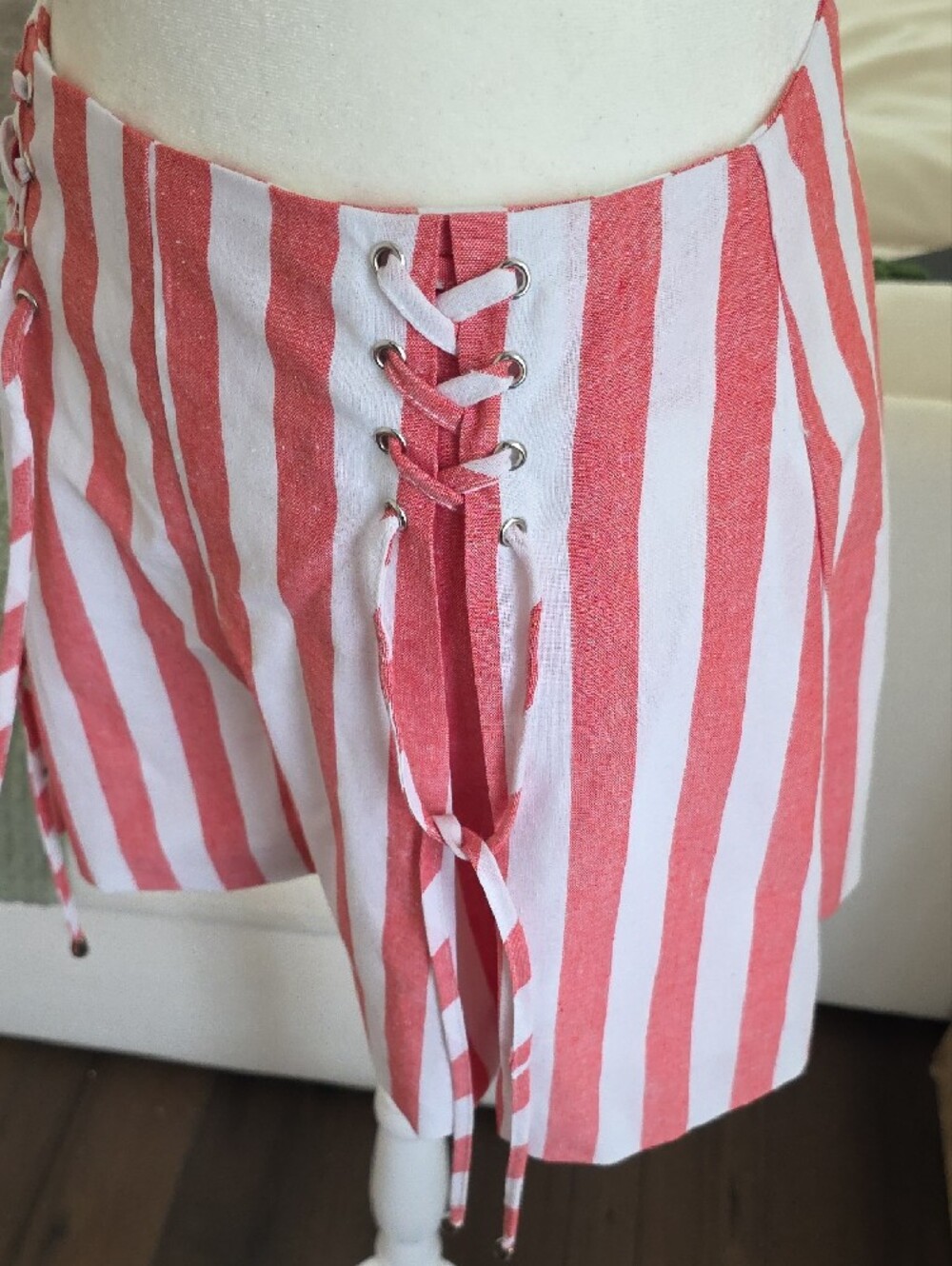 AKIRA Pink and White Striped Lace-Up Pleaded Linen Shorts - Picture 3 of 5